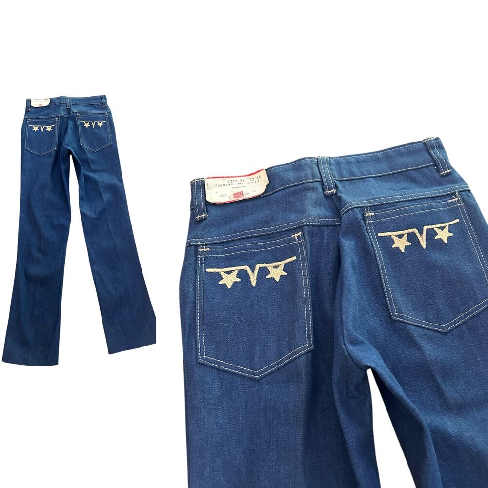 Vintage 1970s Dark Denim Embroidered Jeans High Waist Pants / waist 24 -
